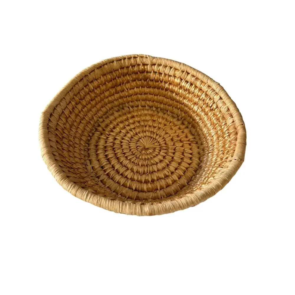Vintage Handmade Hand Woven Weave Large Basket Bowl Round Tan 9.5 x 4
